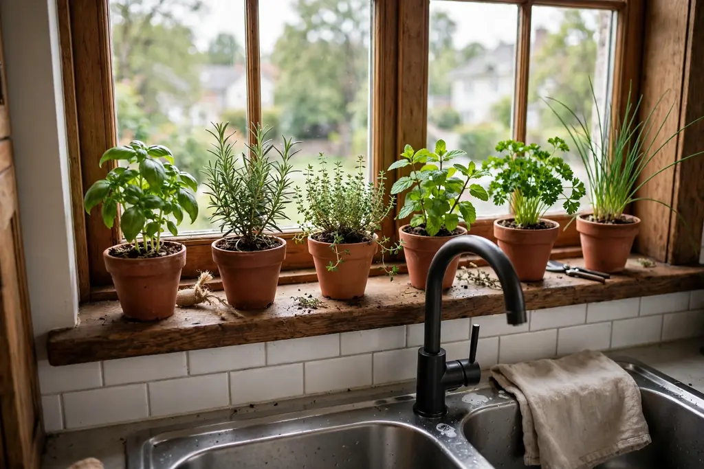 Herb pots lined up on a deep kitchen window sill above a sink.