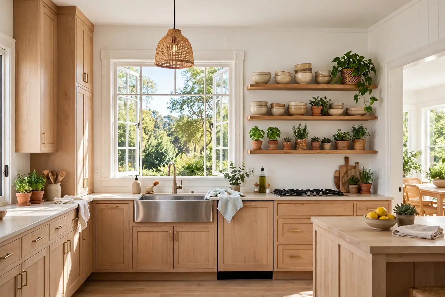 Bright kitchen with a window above the sink, open wood shelves with plants and bowls, and a pendant light.