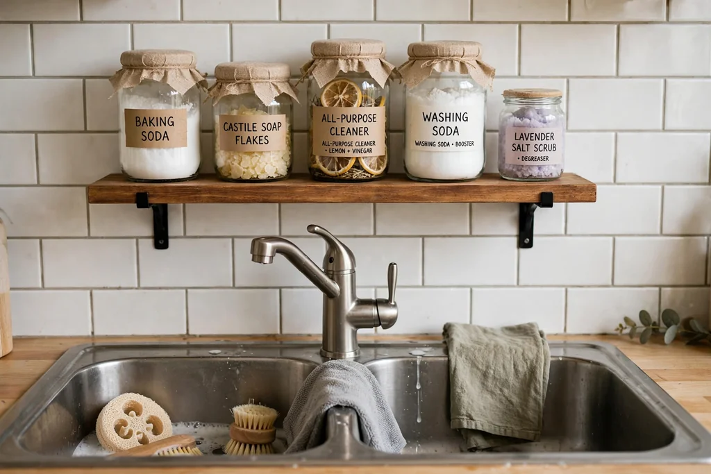 Small shelf above a kitchen sink holding labelled glass jars of cleaning supplies.
