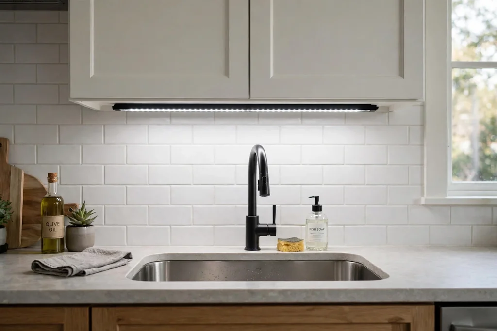 Slim LED light bar under a wall cabinet above a kitchen sink.