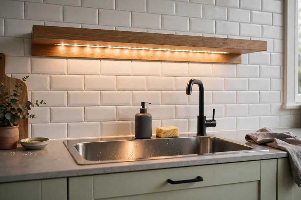 Floating shelf with a built-in LED strip above a kitchen sink.