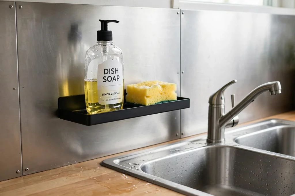 Magnetic shelf on a steel backsplash above a kitchen sink holding soap and a sponge.