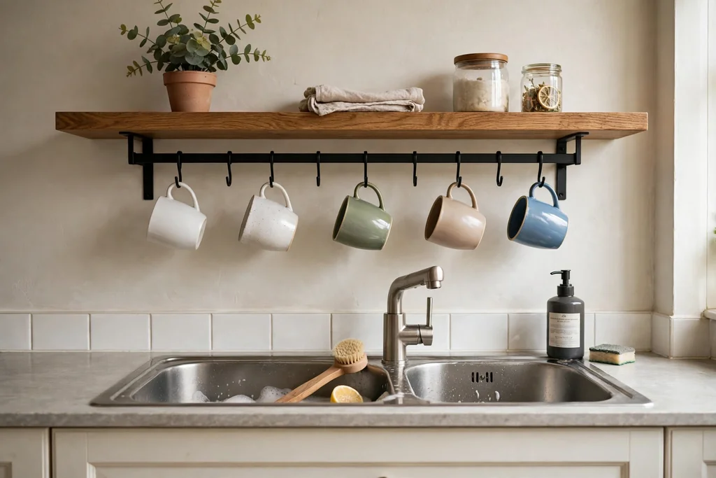 Mug rail under an open shelf above a kitchen sink holding hanging cups.