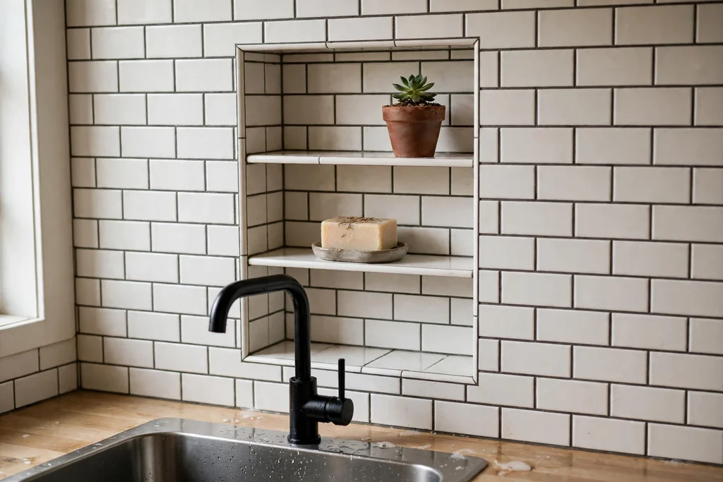 Tiled recessed niche shelf in a kitchen sink wall holding soap and a small plant.
