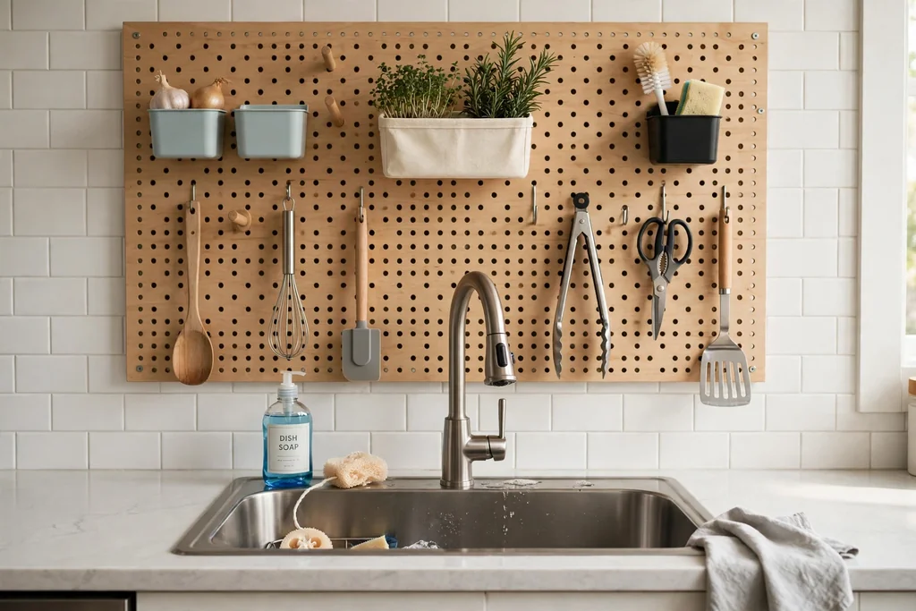 Pegboard panel above a kitchen sink with hooks, small bins, and kitchen tools.