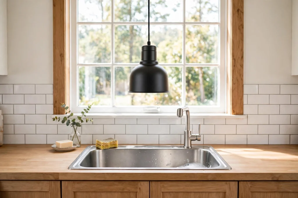 Single pendant light hanging centered over a kitchen sink.