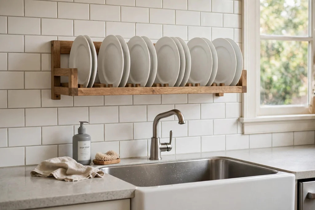 Wall-mounted plate rack above a kitchen sink holding clean white plates.