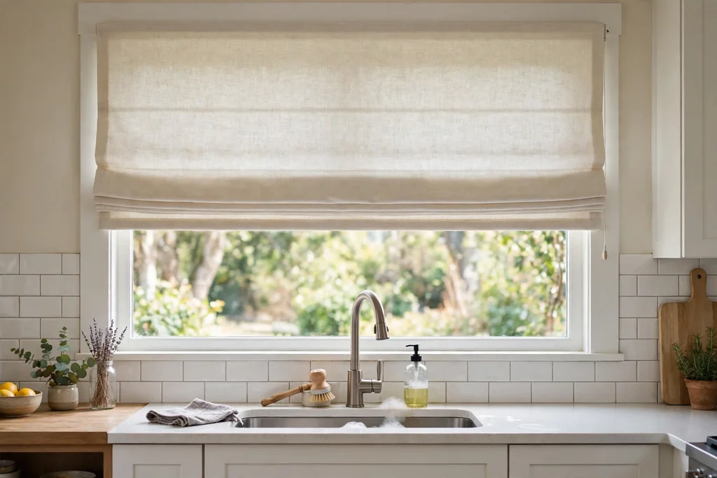 Washable Roman shade above a kitchen sink window in light cotton fabric.
