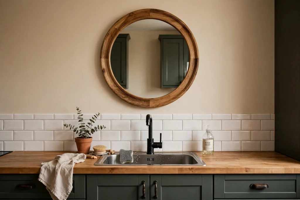 Round mirror with a wood frame above a windowless kitchen sink.