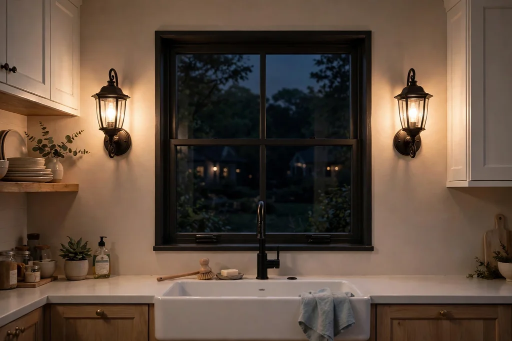 Pair of wall sconces flanking a kitchen window above a sink.