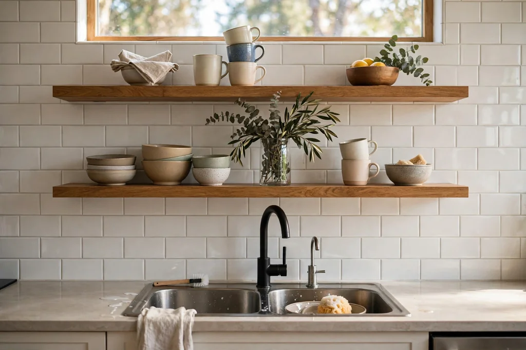 Two stacked floating shelves above a kitchen sink holding cups, bowls, and a vase.