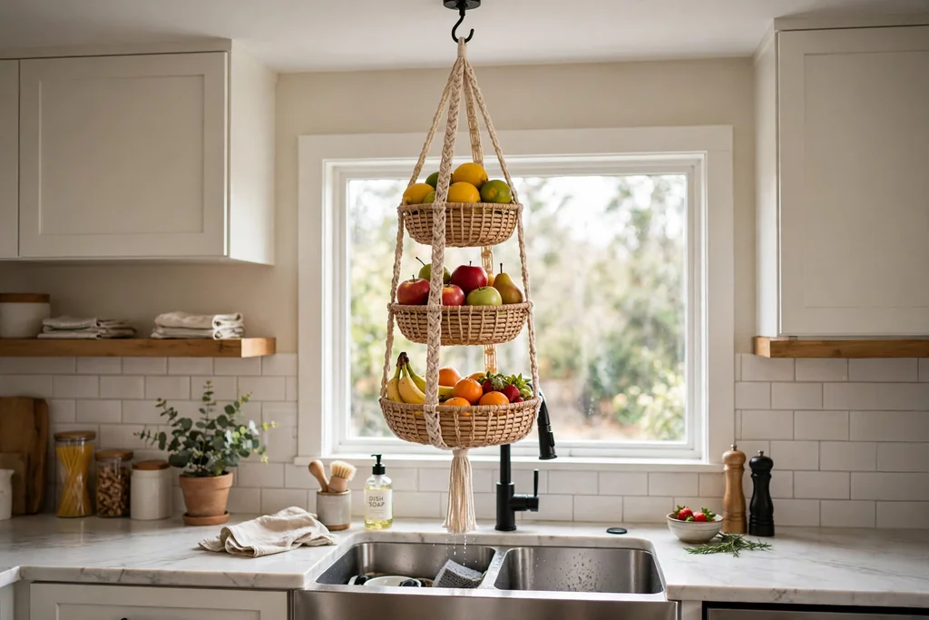 Tiered hanging baskets from a ceiling hook above a kitchen sink holding fruit.