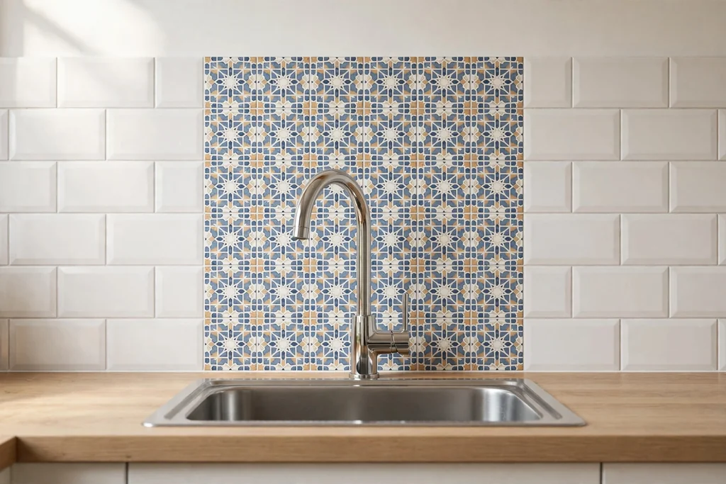 Tile feature panel behind a kitchen tap above a sink.