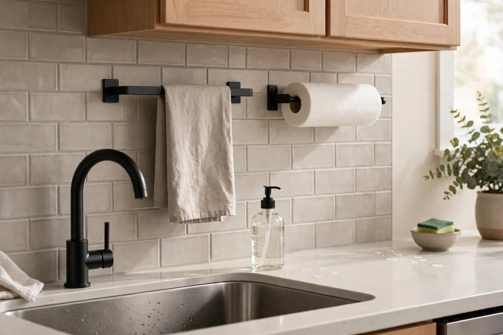Wall-mounted towel bar and paper towel holder above a kitchen sink.