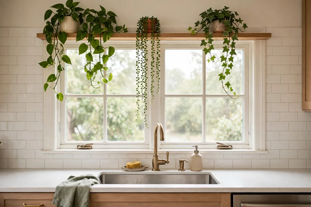 Slim valance shelf across the top of a kitchen window above a sink holding trailing plants.
