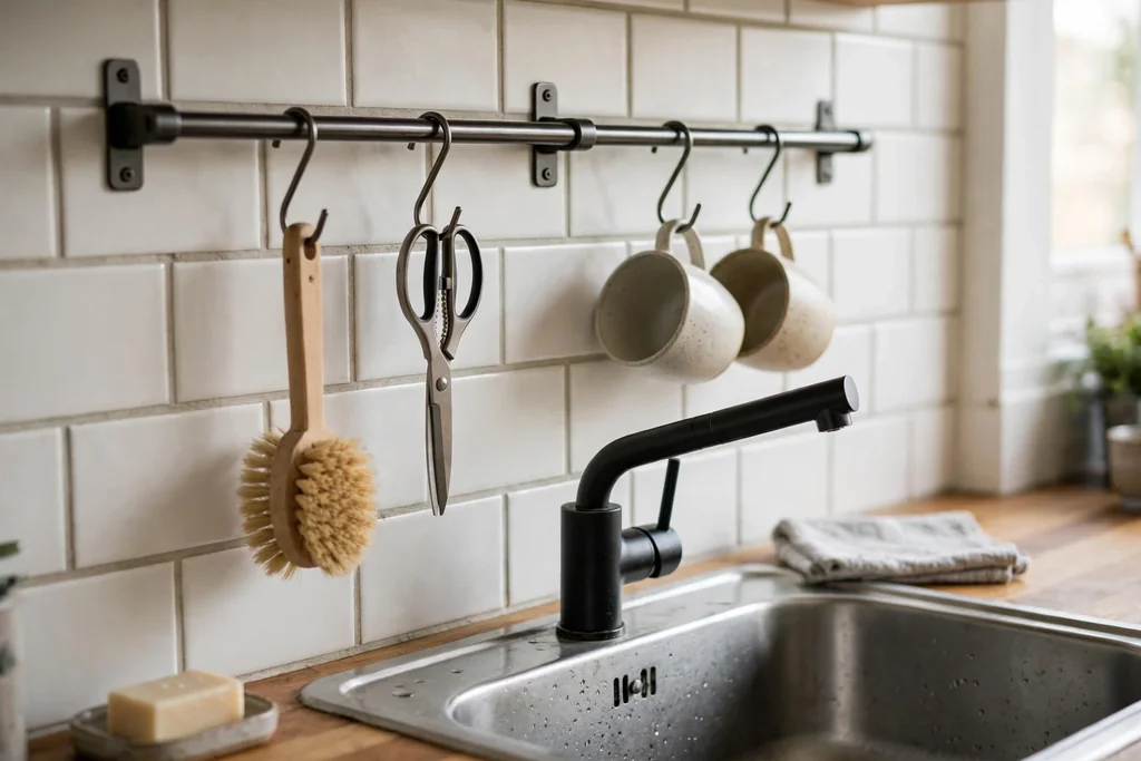 Wall rail with S-hooks above a kitchen sink holding a brush, scissors, and cups.