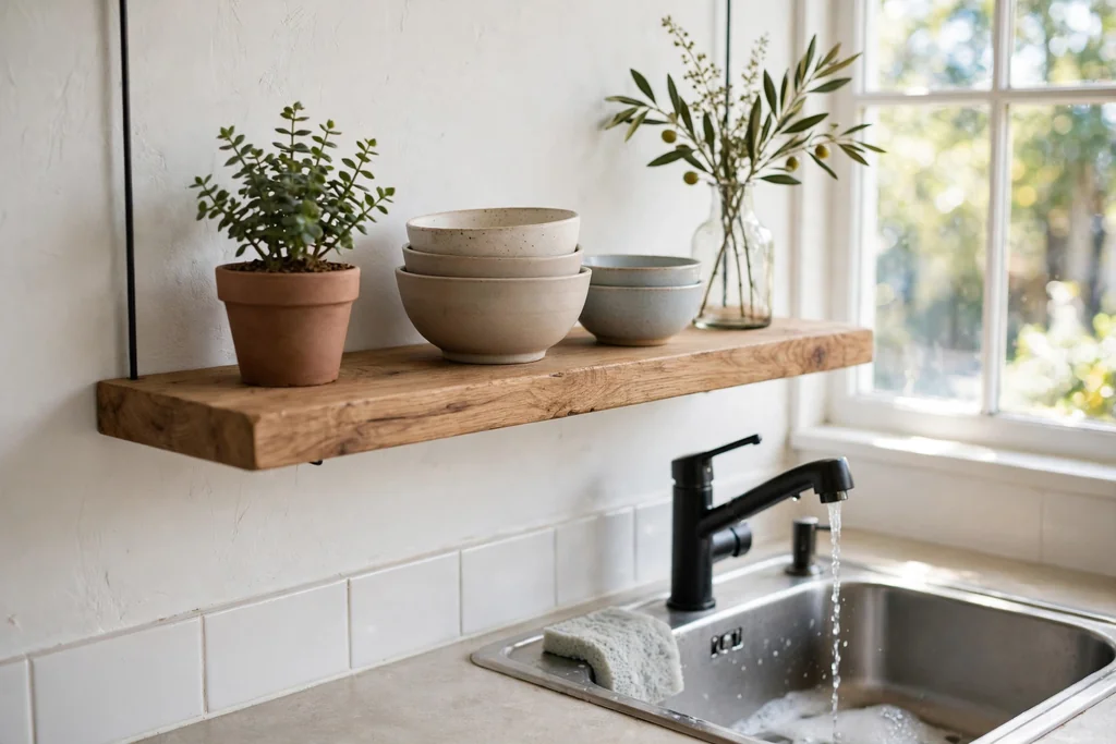 Single open wood shelf above a kitchen sink holding bowls, a plant, and a vase.
