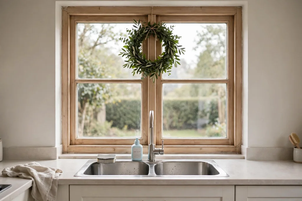 Small green wreath hanging on a kitchen window frame above a sink.