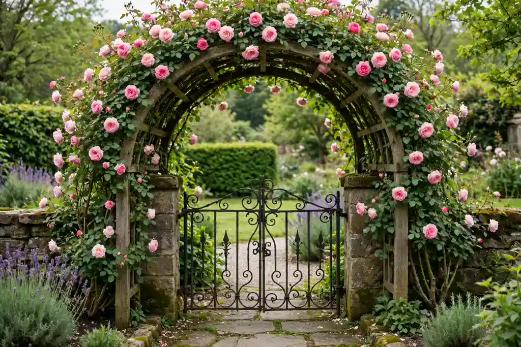 Arched trellis with climbing roses framing a garden entry gate.