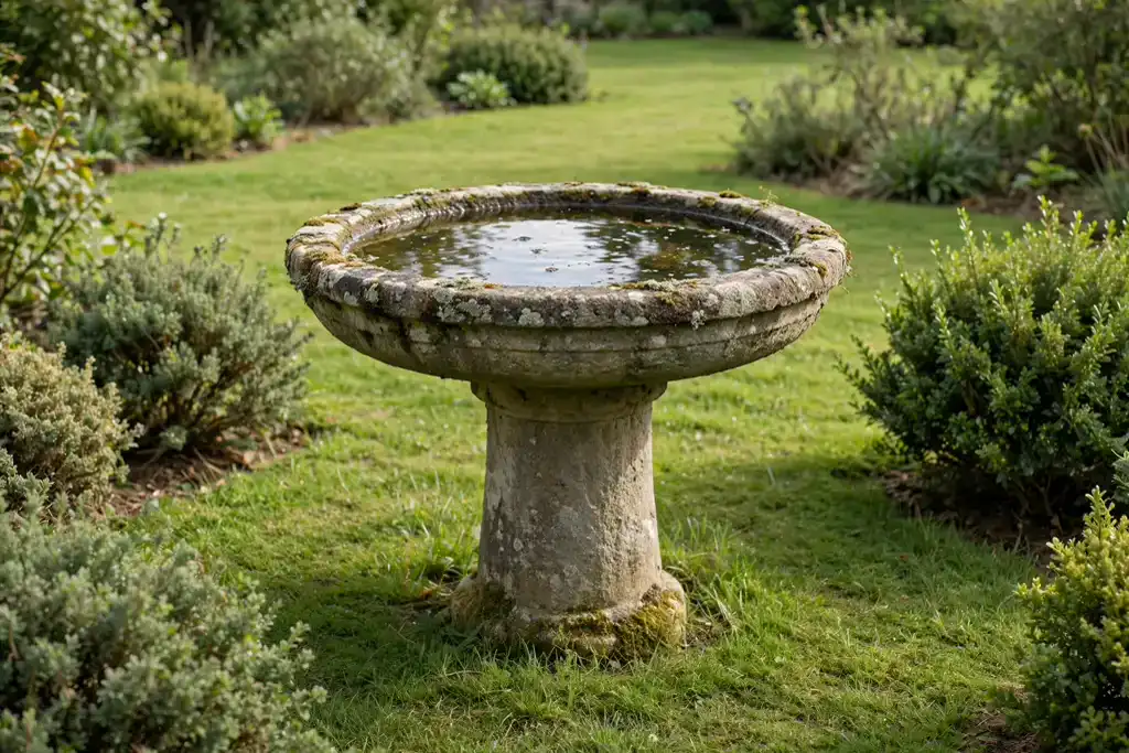 Stone bird bath in a garden near shrubs with open space around it.