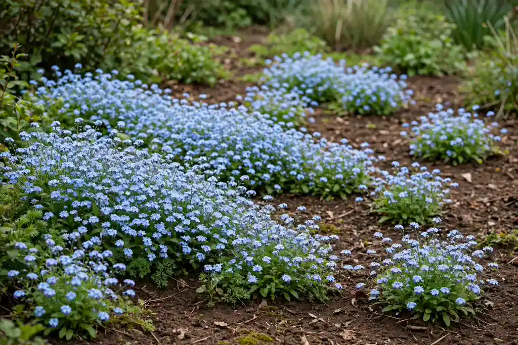 Single color drift of soft blue flowers planted in groups across a garden bed.