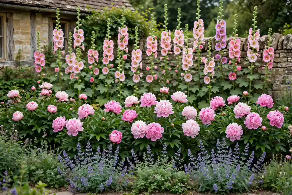 Layered cottage flower border with tall hollyhocks at the back and low catmint at the front.