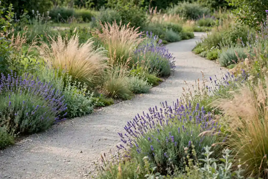 Curved gravel path through soft planting with lavender and grasses edging the walk.