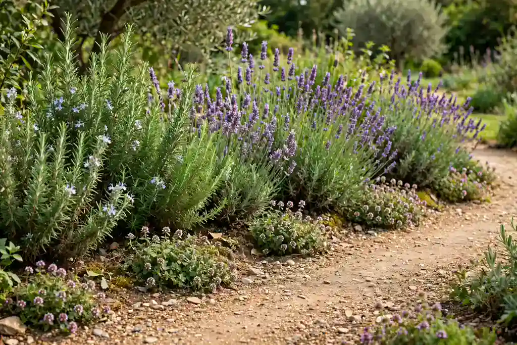 Scented herb border with rosemary, lavender, and thyme beside a garden path.