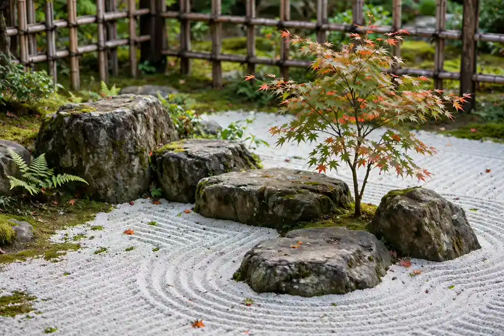 Gravel and stone corner in a Japanese style with raked gravel and a maple.