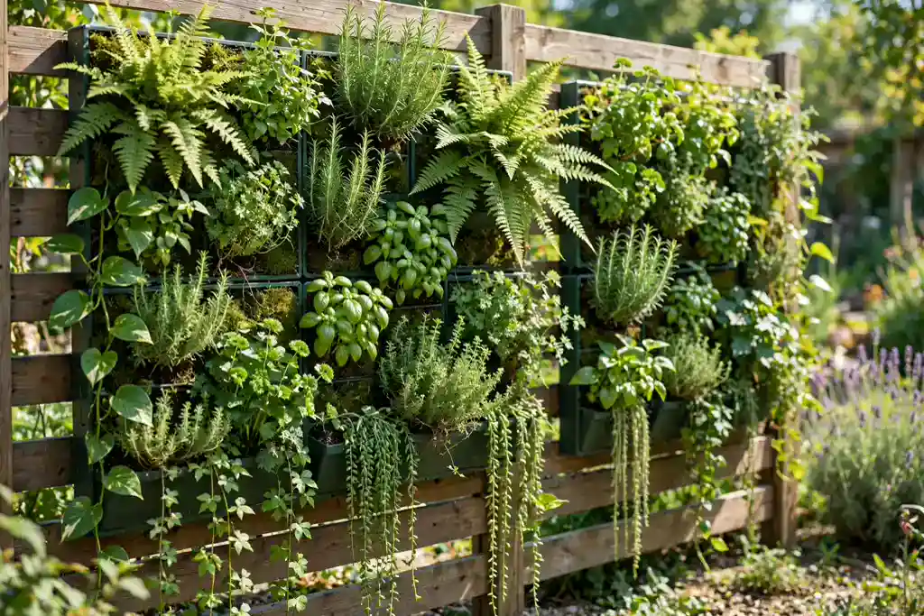 Living wall panels with ferns, herbs, and trailing plants on a sunny garden fence.