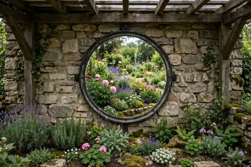 Round garden mirror on a sheltered wall reflecting a planted bed.
