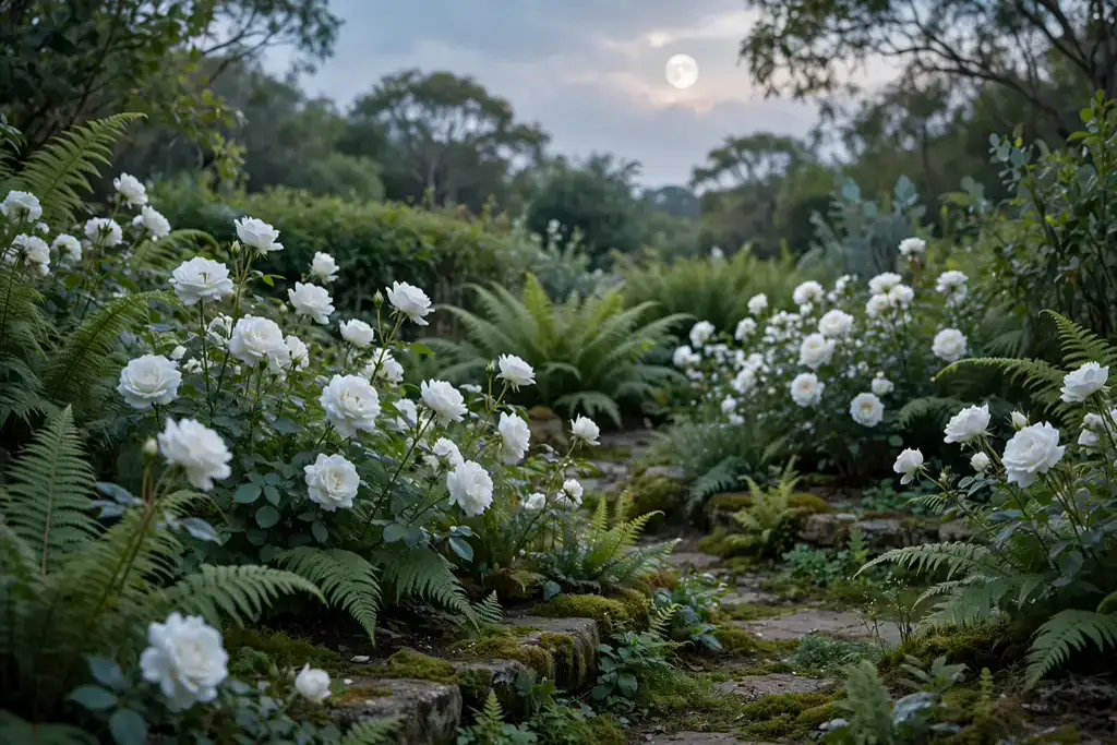 White and green moon garden with white roses and ferns in evening light.