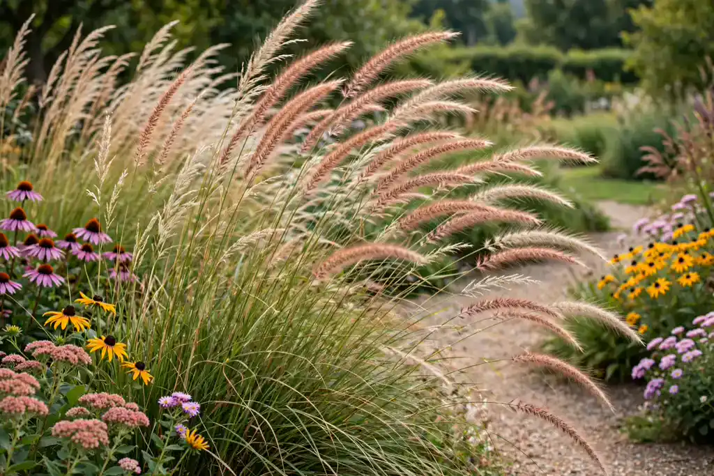 Ornamental grasses swaying beside a garden path with late flowers.