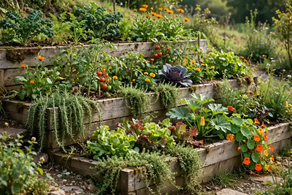 Layered raised beds with mixed vegetables, flowers, and trailing herbs.