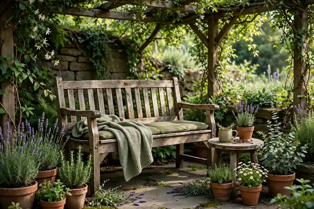 Wooden garden bench in a shaded reading nook with a side table and scented plants.