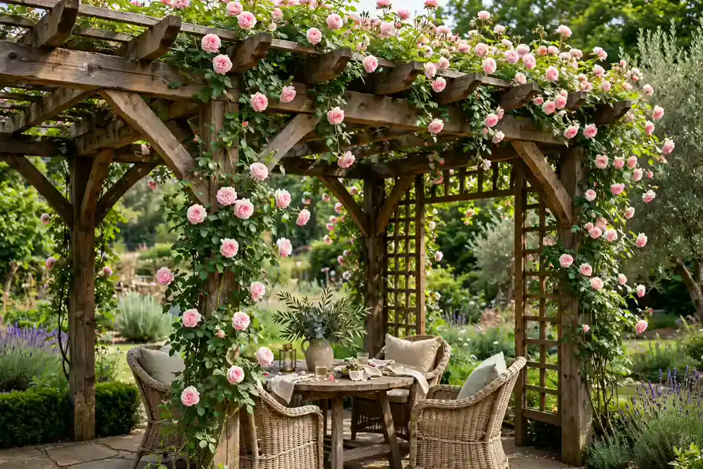 Wooden pergola covered in climbing roses over a garden seating area.