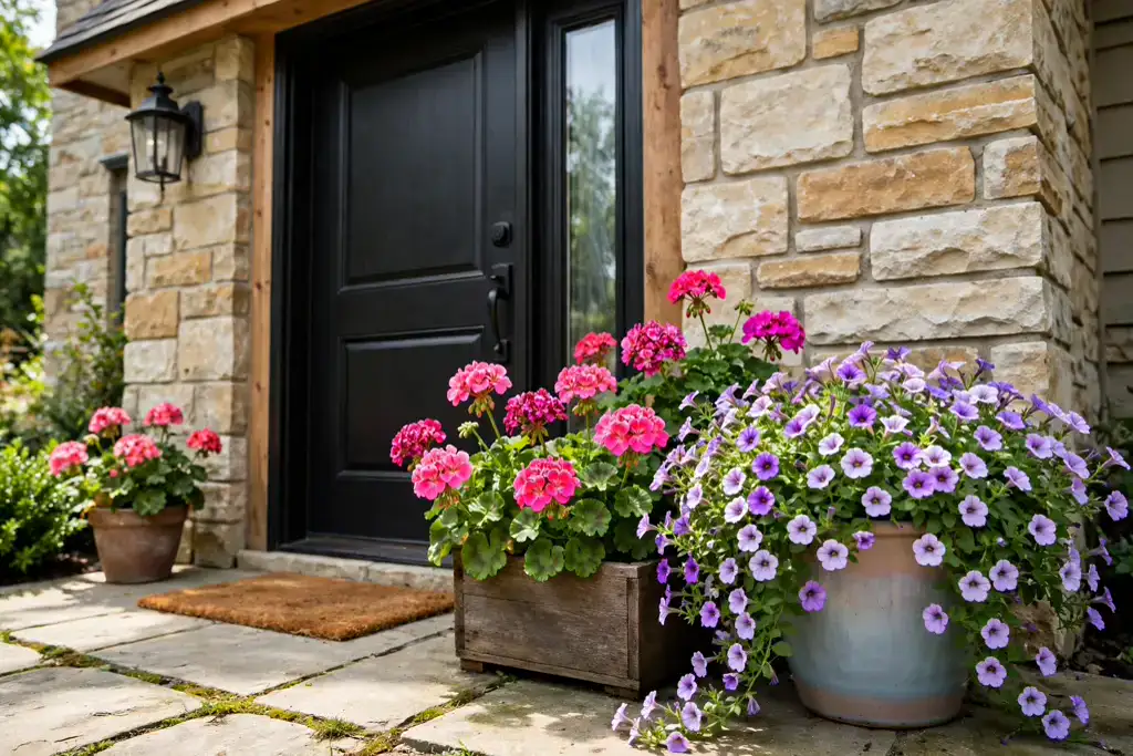Seasonal containers with summer geraniums and trailing petunias by a front door.