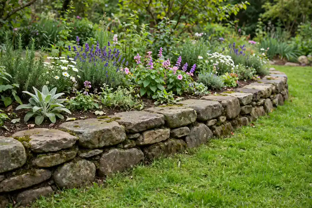 Natural stone edging along a flower bed beside a lawn.