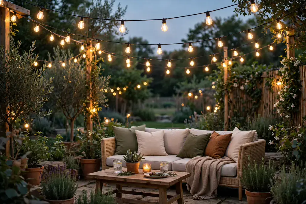 Warm string lights over a garden seating area at dusk.
