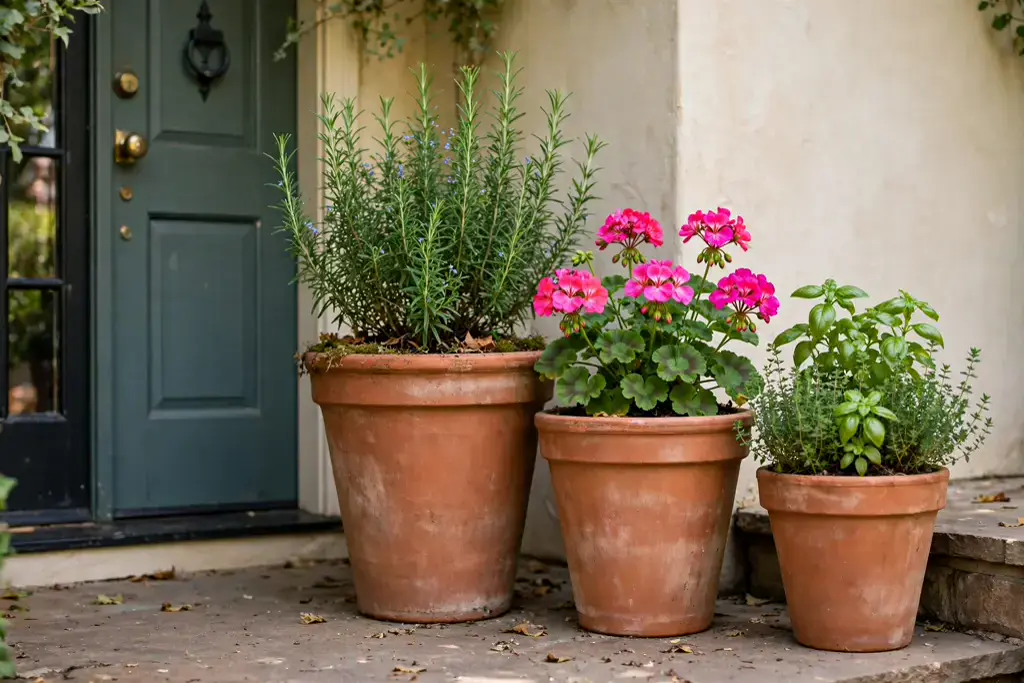 Three terracotta pots of different heights with herbs and geraniums by a door.