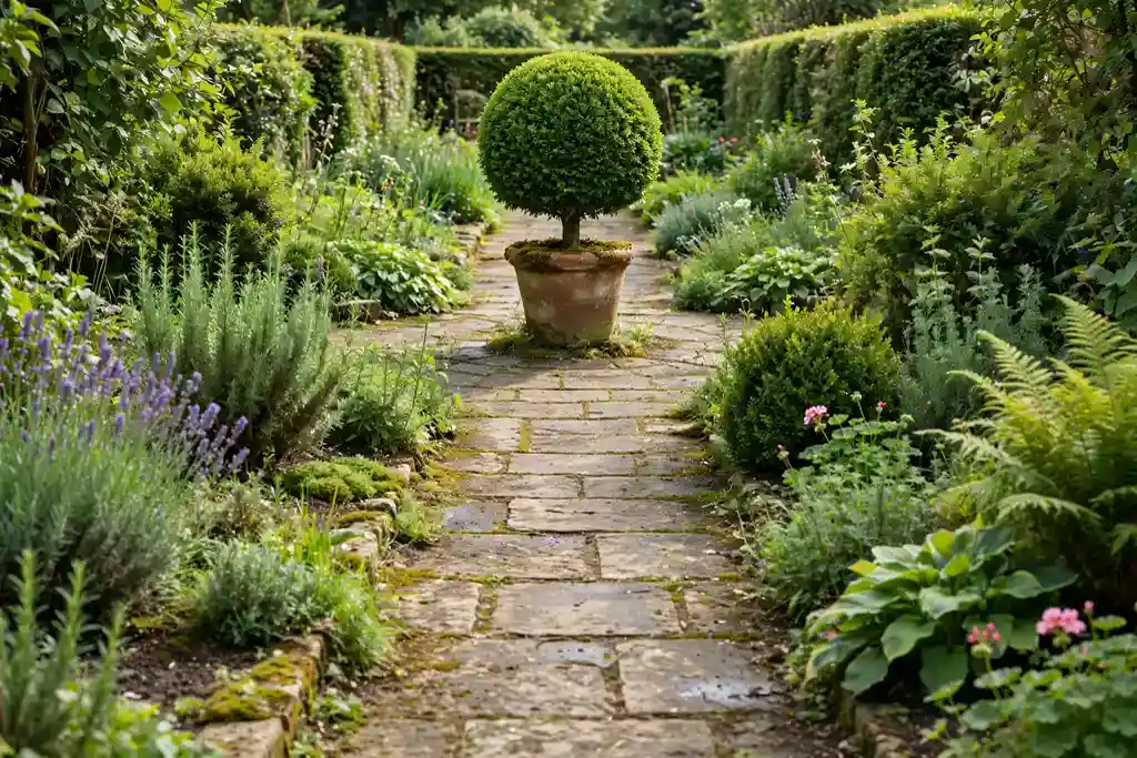 Clipped ball topiary in a pot at the end of a garden path.