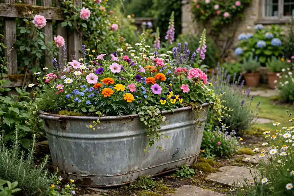 Vintage metal tub used as a planter with flowers in a cottage garden.
