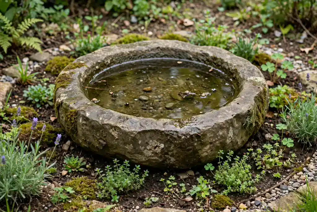 Shallow stone water bowl as a centerpiece in a small garden bed.