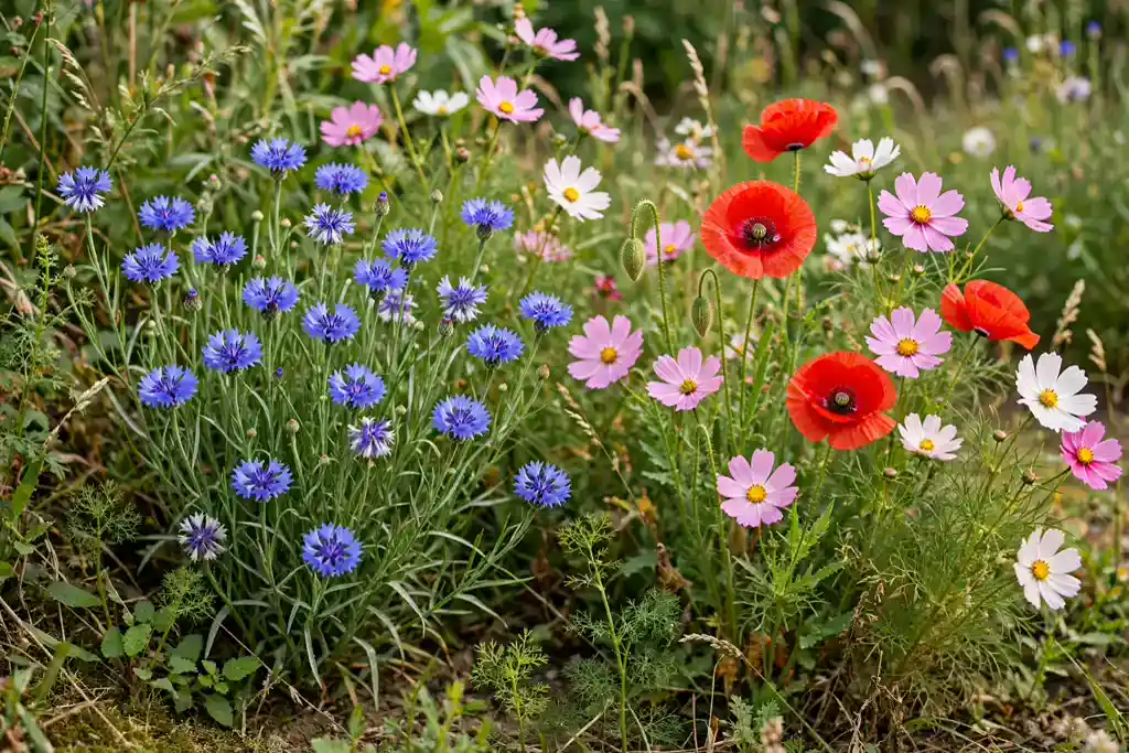Loose wildflower corner with cornflowers, poppies, and cosmos in summer.