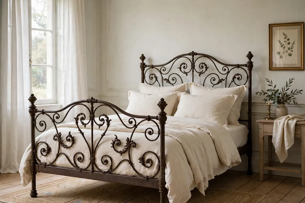Ornate vintage iron bed frame with cream bedding in a pale bedroom.