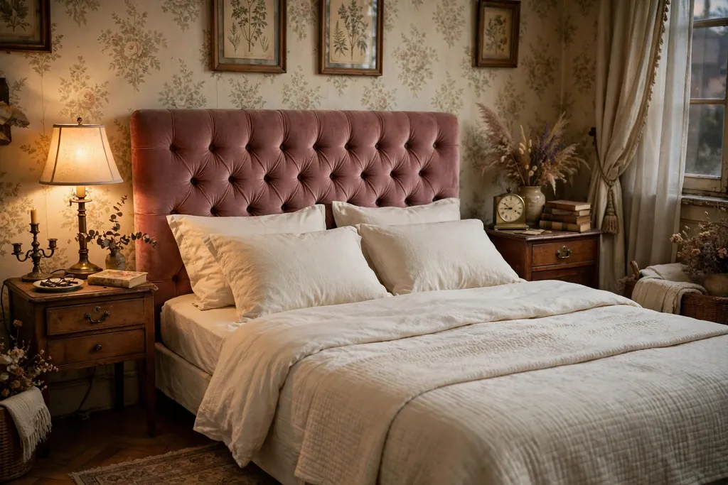 Button tufted velvet headboard in dusty rose behind plain cream bedding.