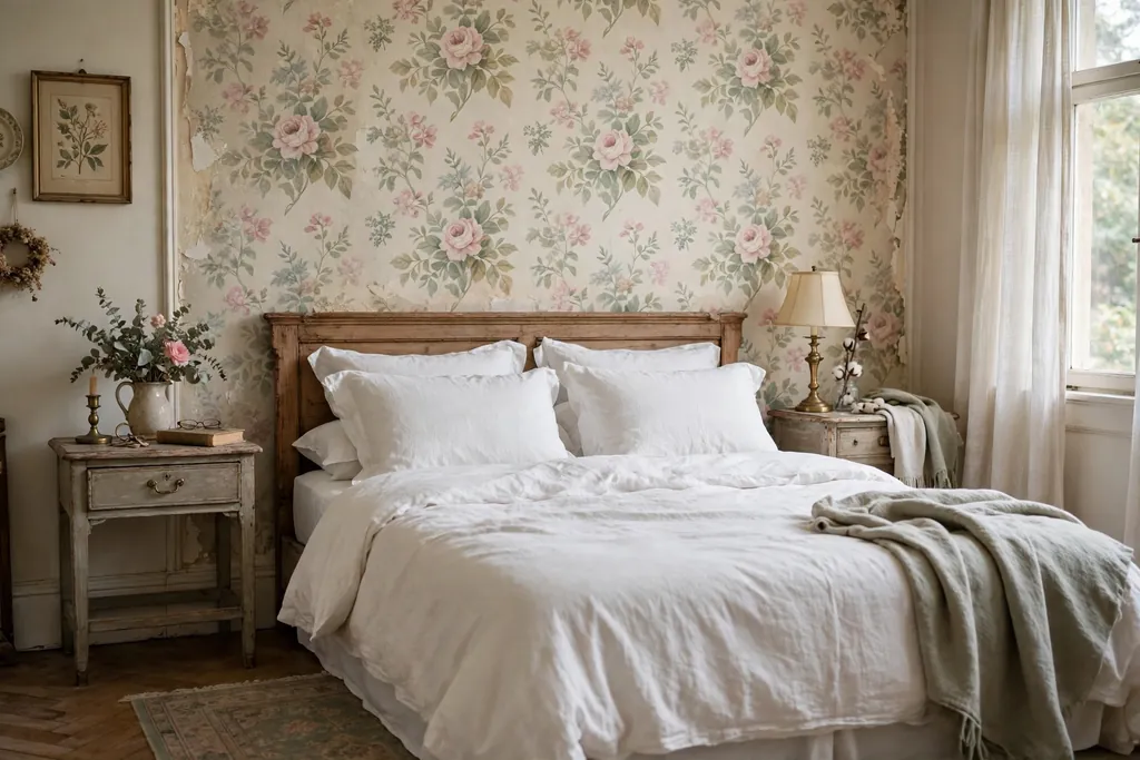 Faded floral wallpaper feature wall behind a bed with white bedding.