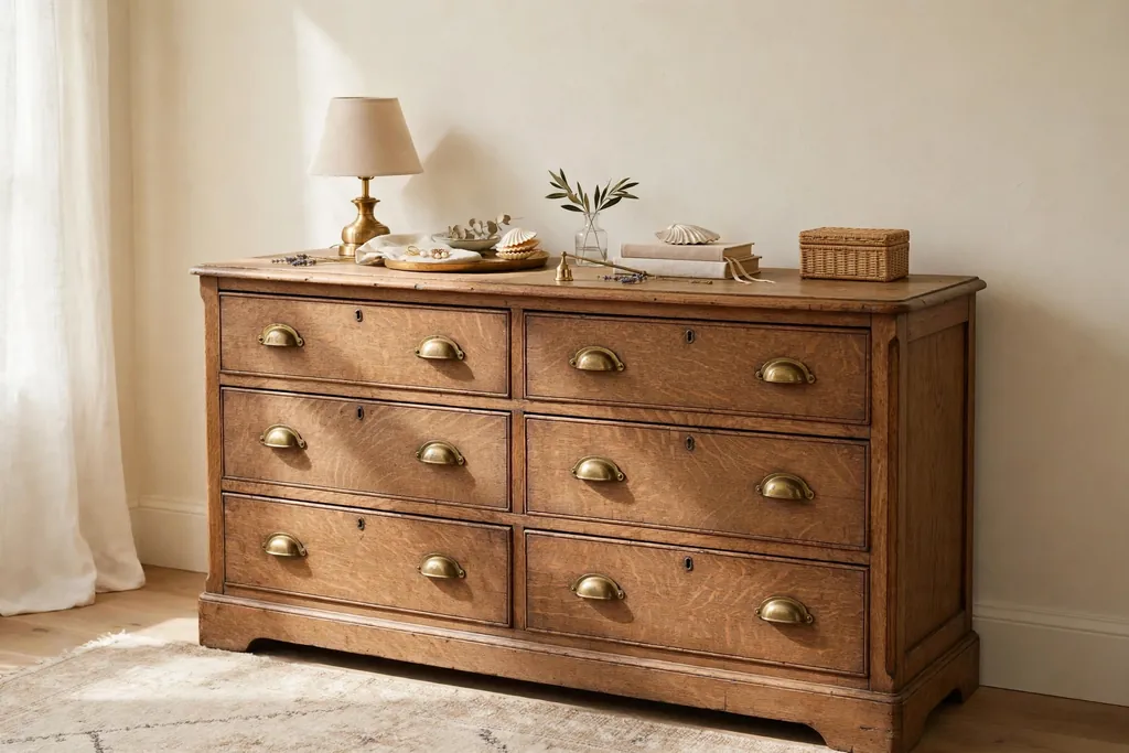 Antique oak dresser with brass pulls beside a bedroom wall.