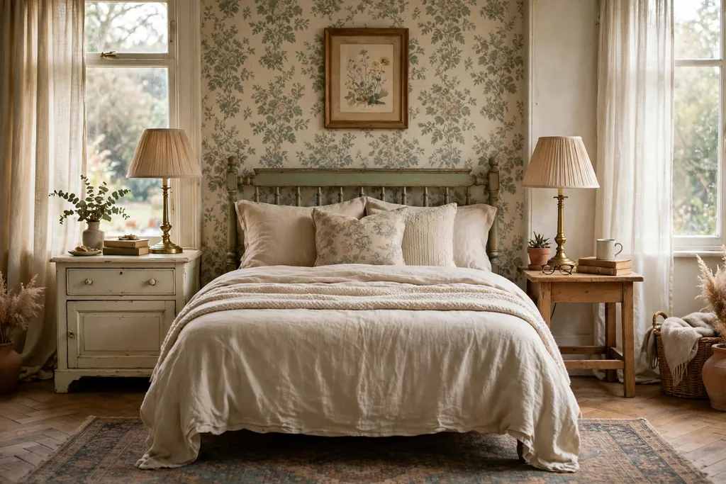 Bed with two different vintage nightstands, one painted and one wooden.