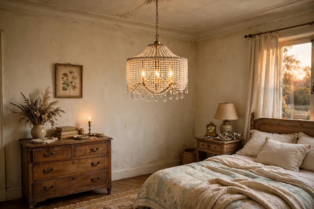 Small beaded chandelier hanging in the center of a vintage bedroom.